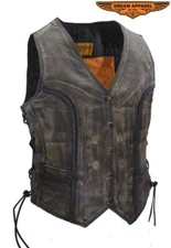 Women's Longer Cut Distressed Brown Cowhide Leather Motorcycle Biker Vest