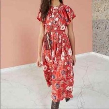 ULLA JOHNSON Lottie Floral Voile Midi Dress Red 0