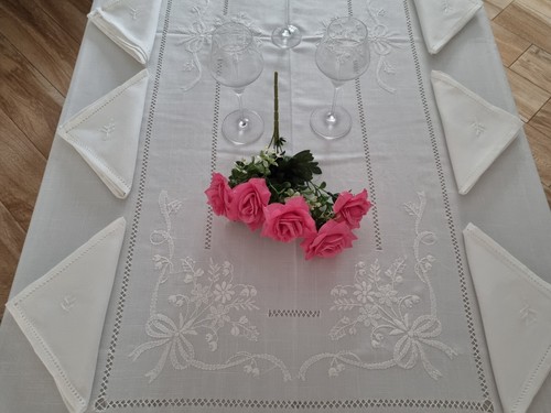 Tovaglia ricamata a mano in misto lino 12 posti gran misura 185x355 cm - Picture 10 of 12