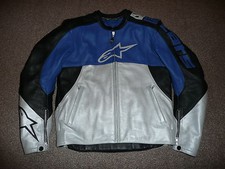 GIACCA MOTO UOMO ALPINESTARS STUNT 2 UK38 EU48 PELLE NERO BLU ARGENTO