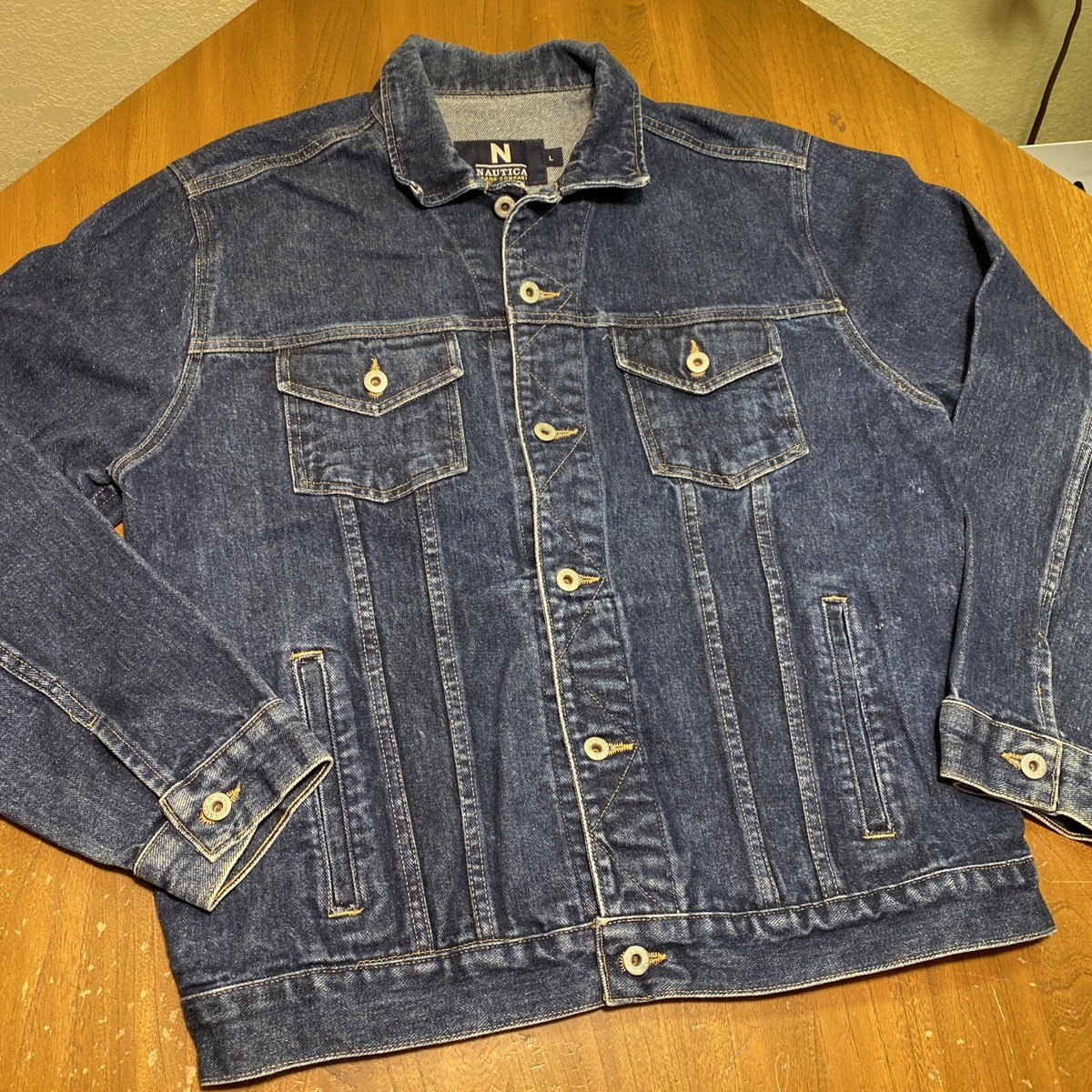 Nautica Dark Wash Raw Denim Jean Trucker Jacket Mens Size L Button 