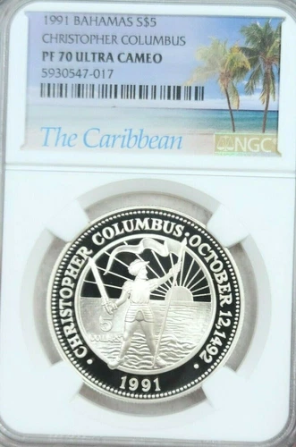 1991 BAHAMAS SILVER 5 DOLLARS S$5 CHRISTOPHER COLUMBUS NGC PF 70 ULTRA CAMEO 