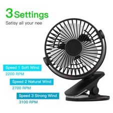 3 Speeds USB Rechargeable Mini Cooling Fan Clip On Desk Baby Stroller Portable