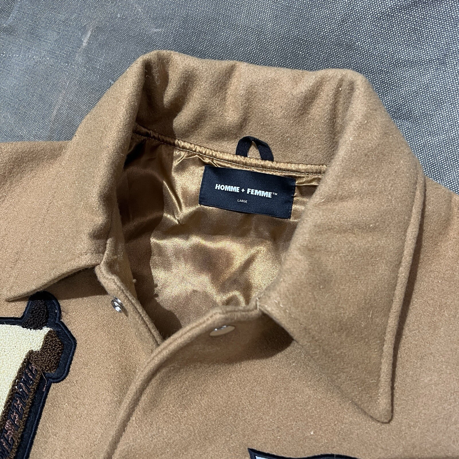 Homme Femme Letterman Varsity World Champs Patched $560 Streetwear Jacket Large