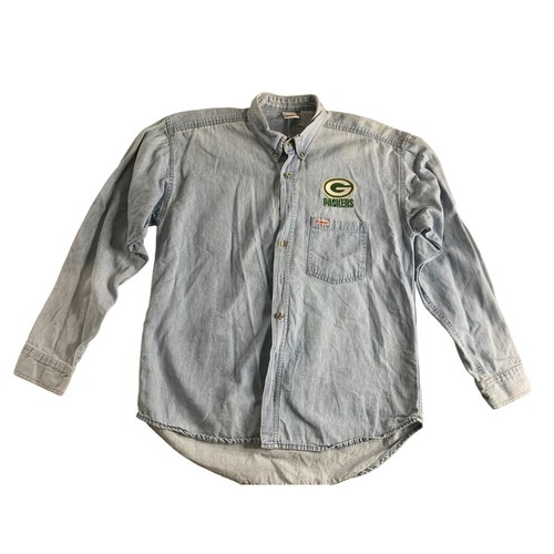 Riddell Mens Size Large Button Up Shirt Green Bay Packer jean denim Vintage - Picture 1 of 4