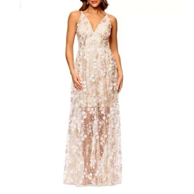 Xscape Women Dress Size 4 Sequin Floral Embellished Sleeveless V Neck Illusion