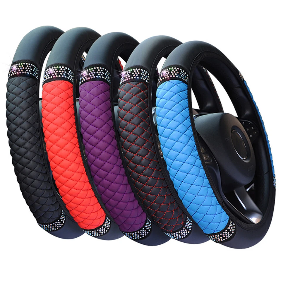 Car Diamond PU Leather Steering Wheel Cover Universal Accessories For 15''/38cm — 第 2/4 张图片