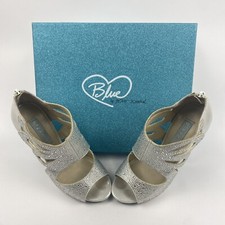 Stiletto Heels Blue By Betsey Johnson Silver Crystal Nola Open Toe Sz 8.5M W/Box