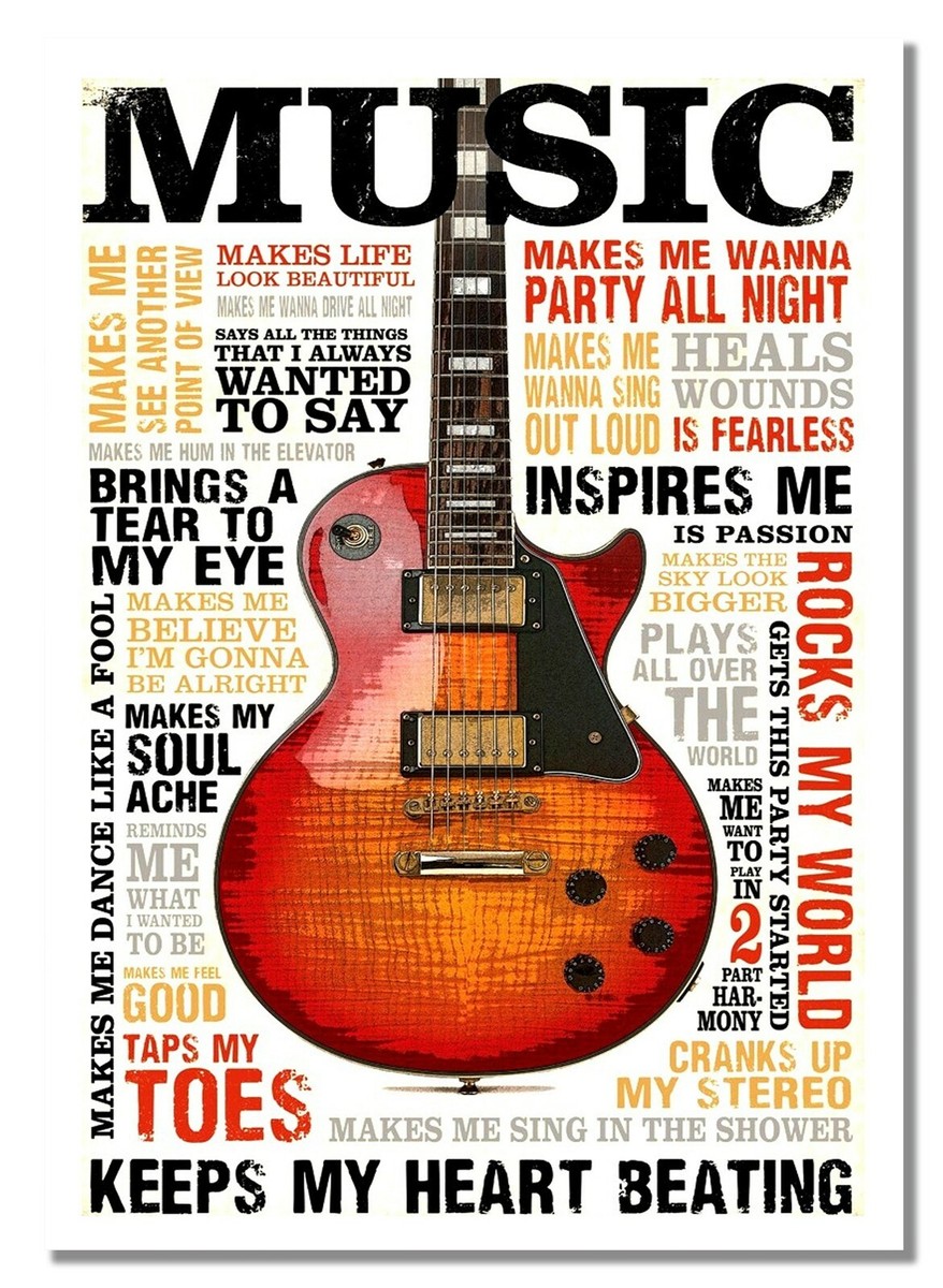 Music Inspires Me Poster Vintage Photo Guitar Picture Cultural