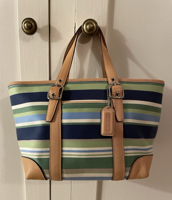 Vintage Coach Hampton Striped Tote - Zip Top, Leather Trim, Double Handles