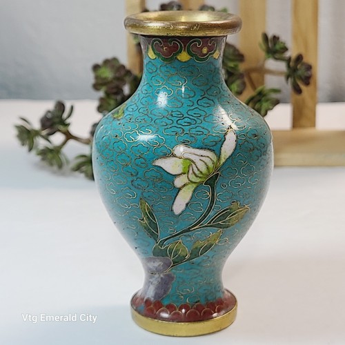 VTG Japanese Vase Enamel on Copper Blue Turquoise & Gold Cloisonne Flowers 1930 - Picture 9 of 12