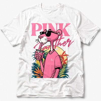 Retro Pink Cartoon Panther Boba Tea Tropical Graphic T-Shirt