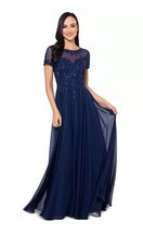 New XSCAPE Women's Navy Blue Boat Neck Sequin Mesh Full Length Gown Size 16 $299