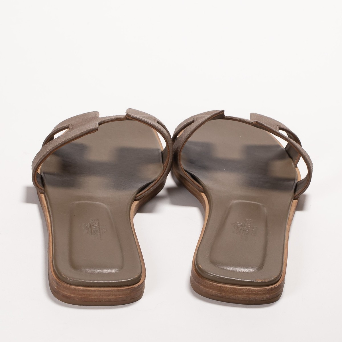 Hermes Oran Women Sandals Etoupe Leather Flat Slides Shoes Size EU