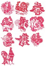 Paper Cuts Lovely Rooster Large Set Red Color 10 Separate Pieces XA
