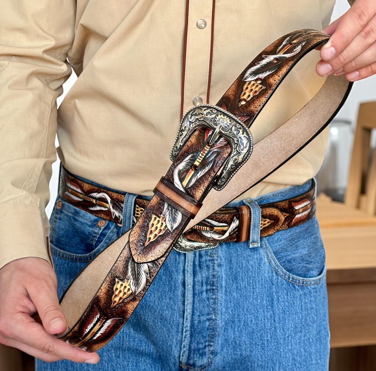 Western Belt Full Grain Leather Hand Painted Tooled  display picture 1