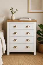 Chest of Drawers 4 Drawer White Pine Wooden Bedroom Storage Unit Natural Top