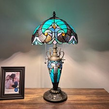 Tiffany Style Table Lamp Green Stained Glass Liaison Included LED Bulbs H22"W12"
