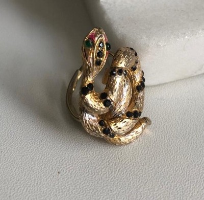 Vintage R.Mandle Ring Snake Gold Plate Enamel Rhinestones Signed 