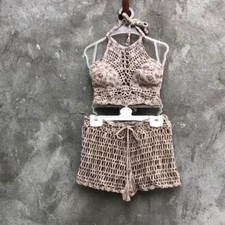 Crochet Linen Co Ord Set Halter Crop Top and Shorts Boho Festival Beach Outfit