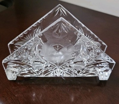 Vintage Glass Footed Napkin Holder Etched Triangular Shape Floral Rose 6''