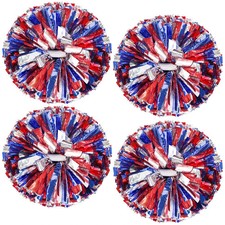 12 Metallic Cheerleading Pom Poms - 4 Pcs Blue, Red, Silver for Kids Adults
