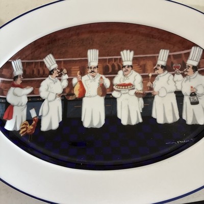 Guy Buffet Chefs Cooks Serving Platter Williams Sonoma Oval 16.5'' Japan Signed