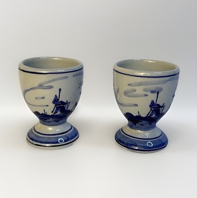 VINTAGE BLUE & WHITE WINDMILL DELFT HOLLAND EGG CUPS Set Of 2
