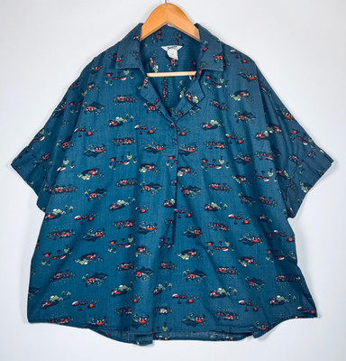 Duluth Trading Blouse Womens 2X Blue Camping Print Organic Cotton Short Sleeve