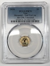 2026 Reverse Proof Mermaid Teal Tail 1 Gram 22K Gold Niue 1 PCGS PR-70