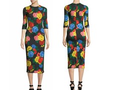 Alice + Olivia Delora Fitted Floral Crewneck Midi Dress Sz 2 Stretchy Bodycon