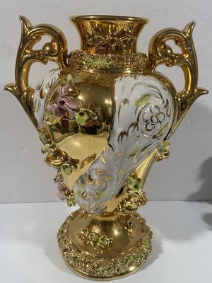 Vintage Italian Rococo Sesto Fiorentino Numbered 2 Handled Gold Gilded Vase