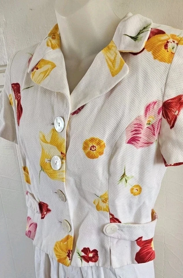 Terno saia vintage Rickie Freeman Teri Jon branco floral algodão 2 peças tamanho 4 em excelente estado usado - Imagem 4 de 4