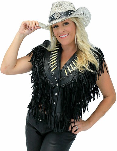 Women's Western American Genuine Bone Studded Fringe Leather Vest Black/Brown - Picture 4 of 17