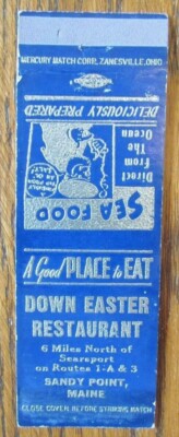 SANDY POINT, MAINE MATCHBOOK COVER: DOWN EASTER RESTAURANT 1950s MATCHCOVER -D