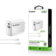 18W Wall Charger PD USB-A with 5ft Type C to C cable In White