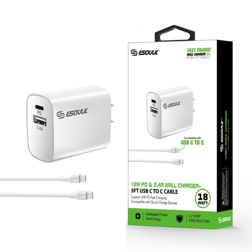 18W Wall Charger PD & USB-A with 5ft Type C to C cable In White