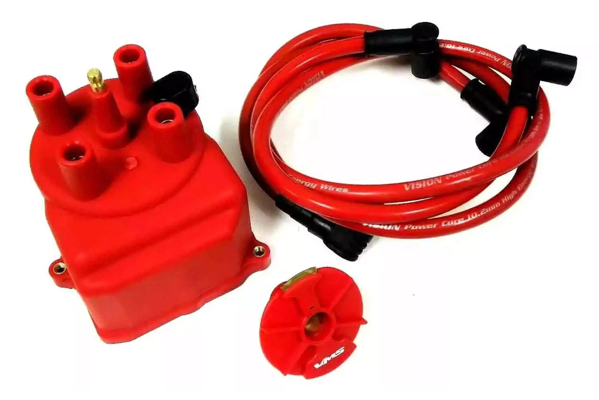 A red VMS distributor cap, rotor, and spark plug wire set for 1988-1991 Honda Civics, displayed on a white background.