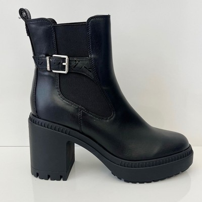 CALVIN KLEIN Fayth Block Heel Lug-Sole Booties in Black Leather NEW
