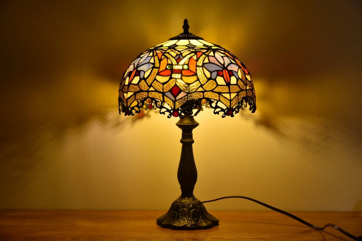 Retro Stained Glass Red Baroque Tiffany Table Lamp H 18' Antique Accent Lamp