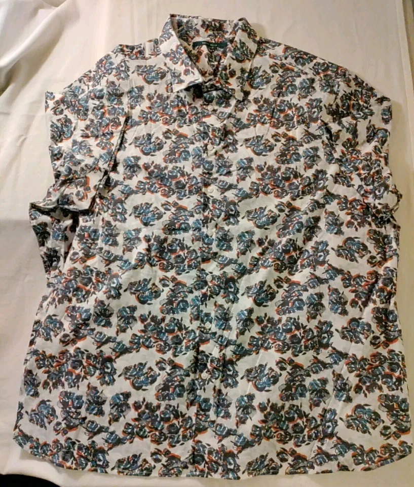 Camisa masculina manga curta Perry Ellis cinza azul vermelha estampa floral 3XL VINTAGE NOVA SEM ETIQUETAS RARA - Imagem 2 de 4