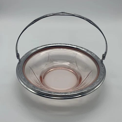 Vintage Pink Depression Glass Bowl w/ Silverplate Frame & Handle Brides Basket