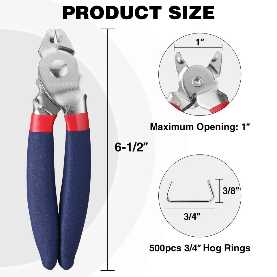 WORKPRO Bent Hog Ring Pliers w/ 500PCS 3/4" Hog Rings Galvanized Steel Hog Rings - Image 4 of 4