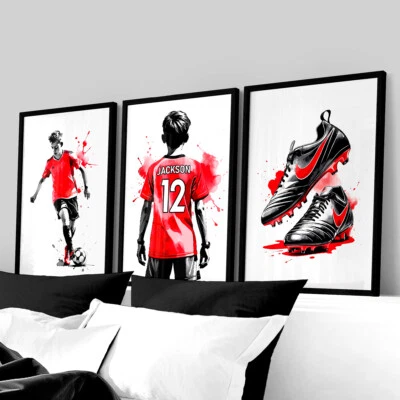 Set of 3 Personalised Red Football Prints Posters Boys Bedroom Gamer Wall Art - Image 1 of 4