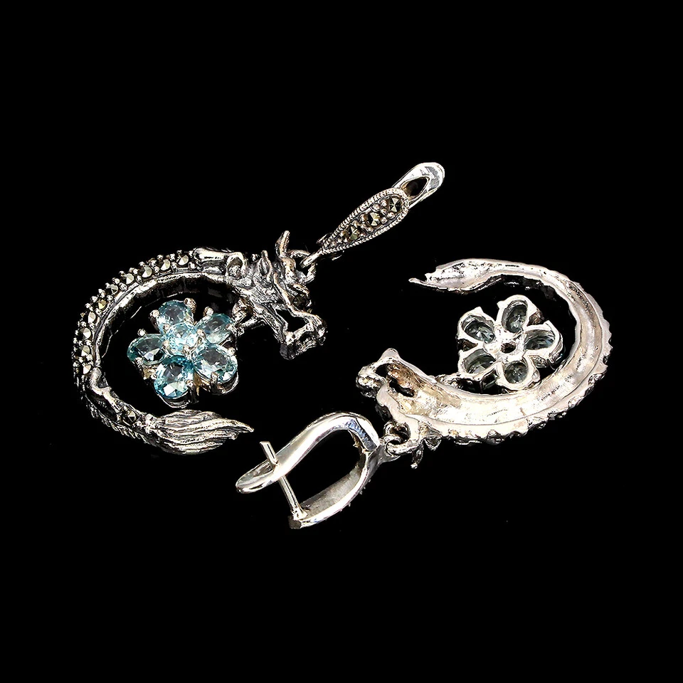 925 Orecchini Argento Sterling Ovale Blu Zircone Marcasite Dragon Gemma Gioielli - Immagine 3 di 4