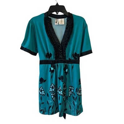 Y2K Babydoll Blouse Empire Waist Floral Blouse Teal Black Ruffle Florals Medium