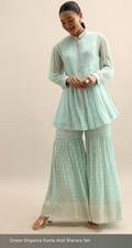 Kalki Fashion Mint Green Organza Sharara Set  Embroidered Kurti  US 10-12 NEW