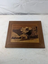Vintage Marquetry Hand Crafted Wood Picture 12” x 15” Landscape Teak Mid Century