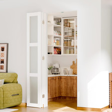 180 Degree Bifold Door, for 24  X 80  Openings, White 3-Lite Frosted Folding Door