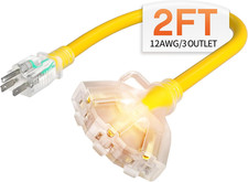 2 Ft 12 Gauge Heavy Duty 3 Outlet Extension Cord Splitter with Indicator, Wat...